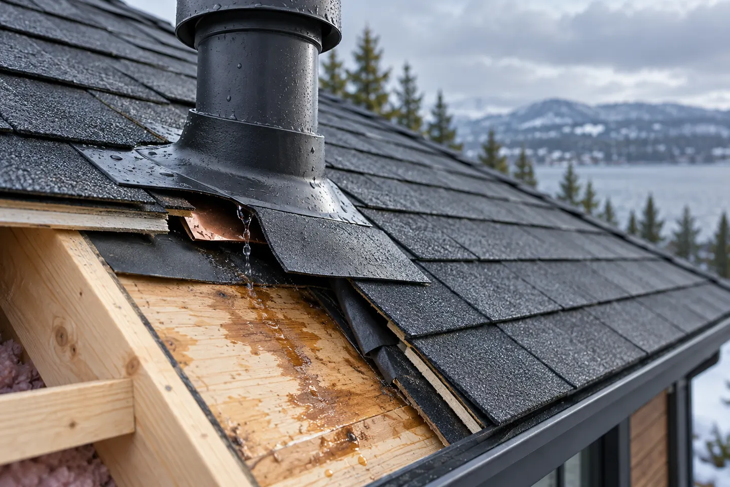 Toiture de bardeaux récente ouverte à une pénétration de ventilation : le solin mal intégré laisse l'eau couler sous les bardeaux et tacher le support de bois.