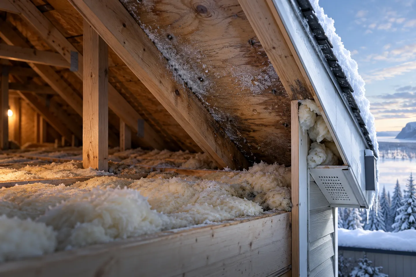 Intérieur d'un entretoit en hiver : givre et taches sombres sous le support de toit, isolant humide au plafond et évent de soffite obstrué.