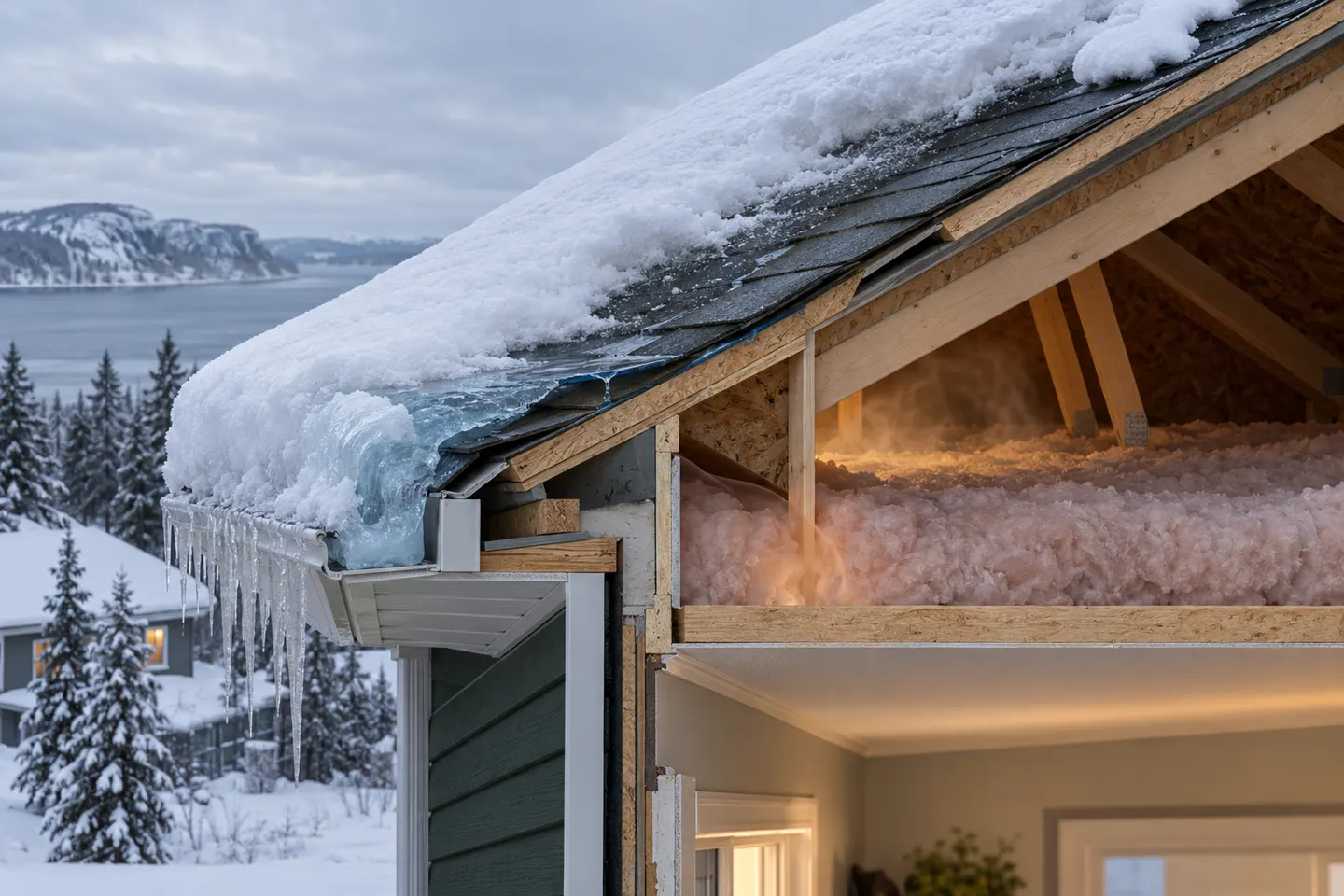 Coupe d'un bord de toit en hiver : neige fondue sur le versant, bourrelet de glace et glaçons au larmier, alors que la chaleur de la maison traverse l'isolant de l'entretoit.