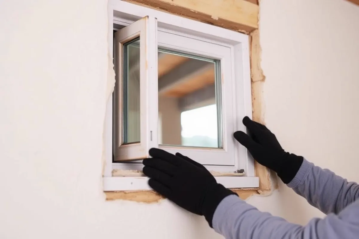 Installation d'une fenêtre dans une ouverture préparée : membrane d'appui visible, calage en place et pourtour prêt pour la finition.