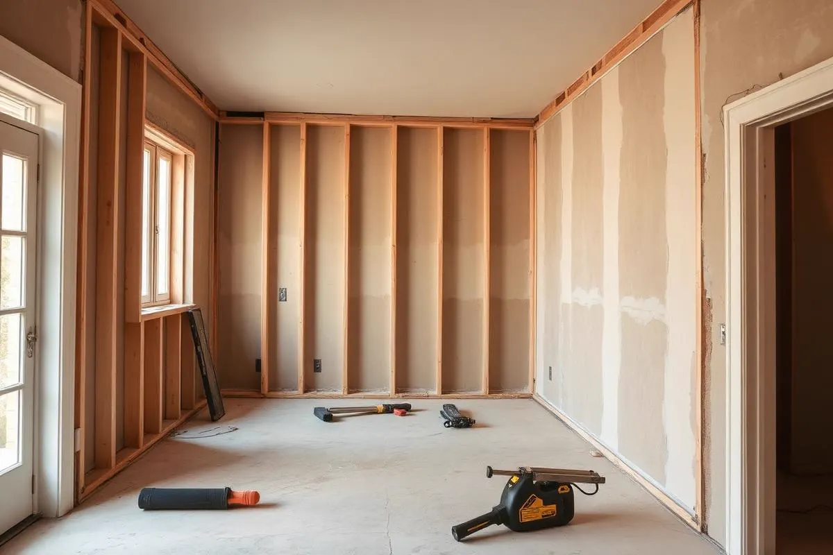 Intérieur résidentiel en rénovation : cloisons neuves, protection des surfaces et matériaux de finition prêts à être installés.